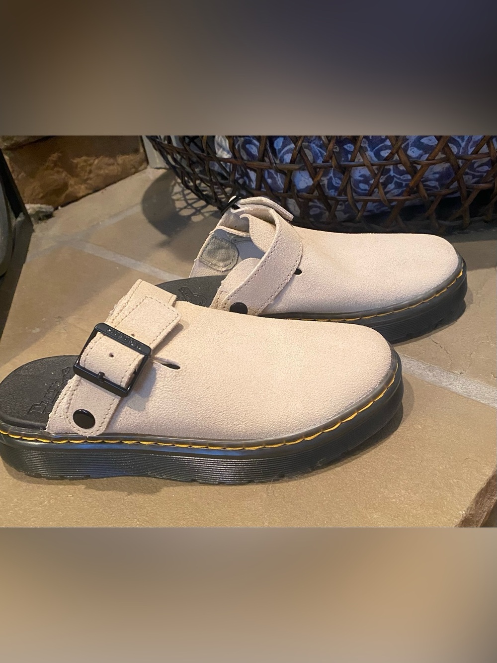 Dr. Martens Beige Suede Buckle Clog Mule with Yellow Stitch